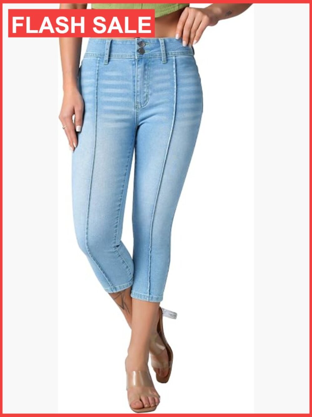 Women's Capri Skinny Jeans Mid Rise Stretchy Double Button Denim Light Wash